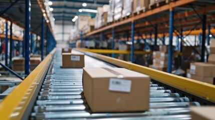 Automated Logistics in E-commerce Warehouse, conveyor belt efficiency in distribution center.