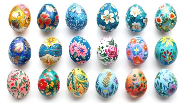 Collection of colourful hand painted decorated easter eggs on white background cutout file. Pattern and floral set. Many different design. Mockup template for artwork design