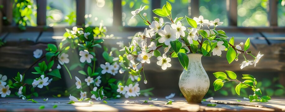 Delicate Spring Blossoms on Bright Sunny Day, Natures Beauty Captured in Vibrant Green and White