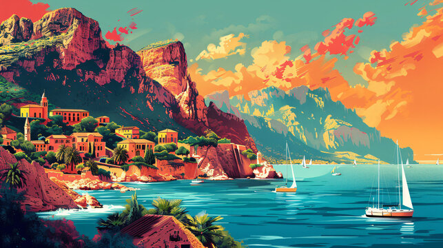 Vintage travel posters of scenic seaside landscapes. Retro illustration style with sunsets and coastal views. Design for wall art, tourism advertising, and travel inspiration.