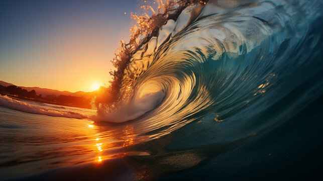 Golden Light Through Crashing Ocean Wave at Dusk