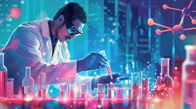 Holographic banner featuring a scientist conducting medical research with testing tubes and vials.