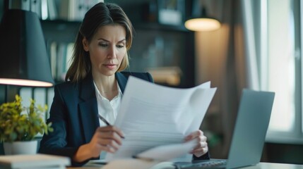 Busy  50 years old business woman working in office checking documents. Mid aged businesswoman accounting manager executive or lawyer using laptop reading paper file financial report, tax invoice.