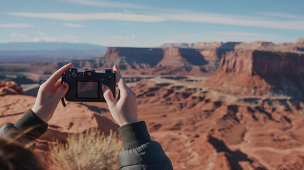 Fototapeta premium A person frames the vast, serene landscape of a desert canyon through the lens of a camera, invoking the spirit of adventure