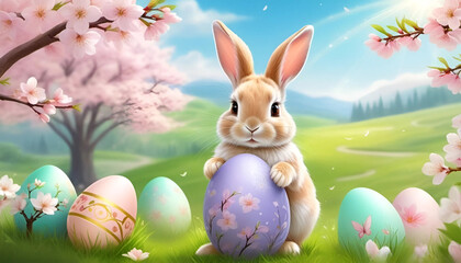 A sweet white baby rabbit sits on the green grass, with Easter eggs and flowers around. Easter holiday. Generative ai.
