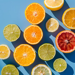 Fototapeta premium Vibrant Citrus Slices Assortment on Blue Background with Shadows, Freshness Concept