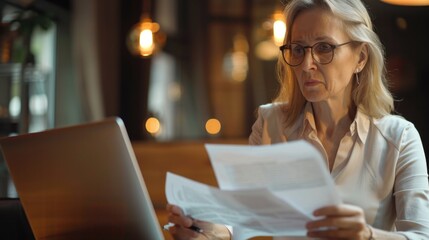 Busy 40 years old business woman working in office checking documents. Mid aged businesswoman accounting manager executive or lawyer using laptop reading paper file financial report, tax invoice