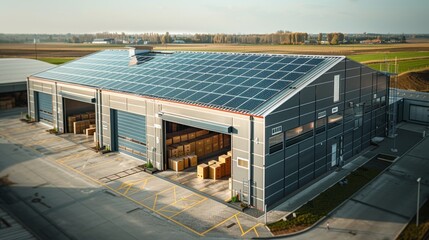 Aerial view of a modern warehouse with solar panels on the roof an aerial drone photo. Green energy concept in a rural area. - obrazy, fototapety, plakaty