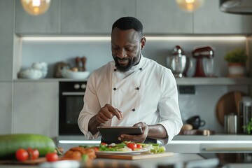 Mature Black Chef in Kitchen Using Tablet for Recipes