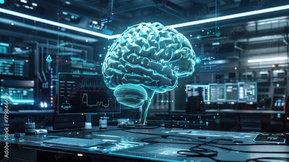 Poster neural artificial intelligence brain in a laboratory, showcasing machine learning advancements.