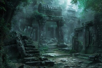 Verdant Ancient temple forest. Architecture famous. Generate Ai - obrazy, fototapety, plakaty