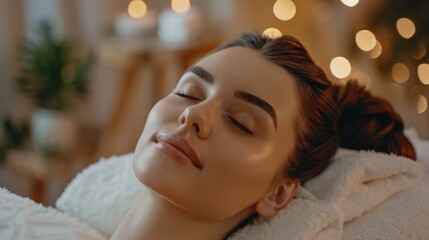 Obraz na płótnie Canvas Beautiful young woman enjoying massage in spa salon. Relaxed brunette girl lying on massage bed with closed eyes during spa treatment procedure. Beauty treatment, skin care, wellbeing