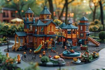 A miniature 3D model showcases a charming playground adorned with toys and construction sets, set against a pristine white background for easy isolation. Generative AI. - obrazy, fototapety, plakaty