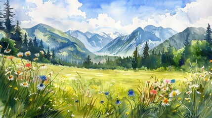 Watercolor summer landscape featuring wildflowers and mountains, emphasizing natural beauty.