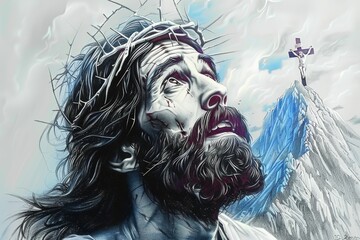 Poignant black and white pencil illustration of Jesus Christ with a crown of thorns looking skyward.