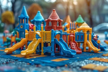 A miniature 3D model showcases a charming playground adorned with toys and construction sets, set against a pristine white background for easy isolation. Generative AI. - obrazy, fototapety, plakaty