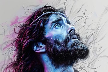 Poignant black and white pencil illustration of Jesus Christ with a crown of thorns looking skyward.