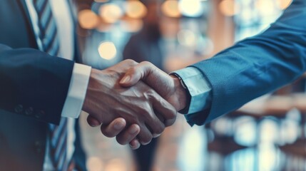 Business partners sealing successful agreement with firm handshake in professional office setting.