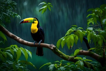 toucan on a branch in a jungle in rainy weather.