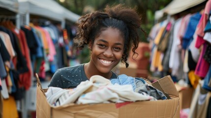 Black female volunteer smiling with donation box filled with clothes, ready to help those in need. - obrazy, fototapety, plakaty