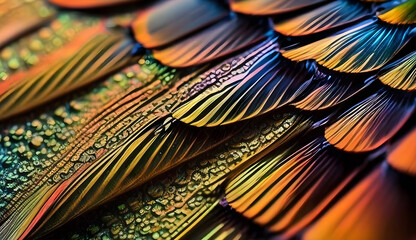 The elaborate and vibrant markings on the wing of a tropical butterfly beautifully showcase its brilliance and intricate details, producing a visually stunning texture. - obrazy, fototapety, plakaty