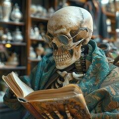 Renaissance skull with eyewear deeply engaged in reading a book. Scholarly concept art for educational and design inspiration - obrazy, fototapety, plakaty