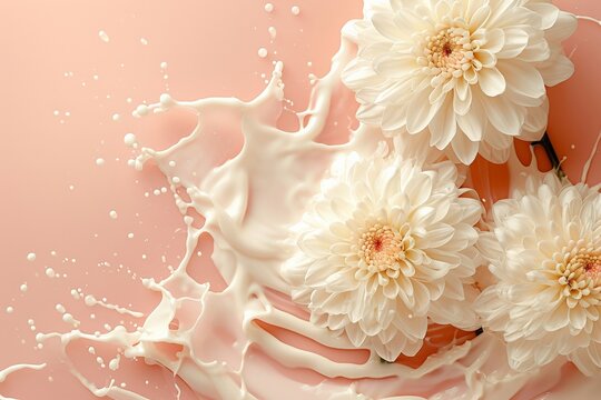 Blossoming White Flowers in a Milky Splash on Pink Background with Milk Droplets Above Flowers