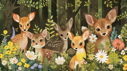 Charming collage of little animals playing among wildflowers, capturing their playful expressions.