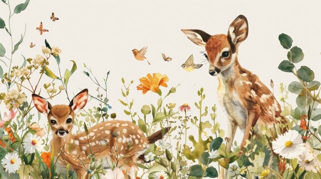Charming collage of little animals playing among wildflowers, showcasing their playful nature.