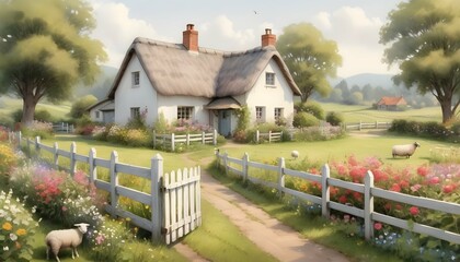 Charming Countryside Cottage Enveloped In Blooming - obrazy, fototapety, plakaty