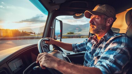 Professional truck driver navigating open road with confidence, gaze fixed ahead.