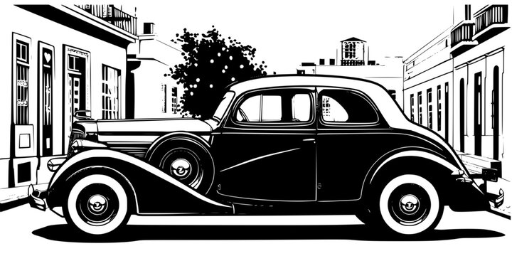 Old vintage car in town, black and white vector image
