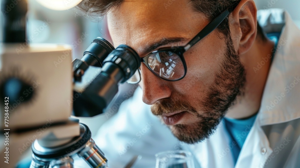 Poster focused scientist conducting research in laboratory, peering through microscope with intent.