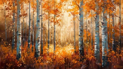 Autumn Birch Forest at Sunset in Oil Painting, immerse in the warm hues and beauty of the changing seasons. - obrazy, fototapety, plakaty