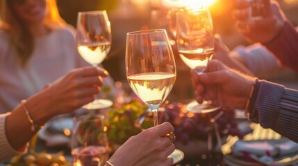 Friends raising glasses in a toast while enjoying a meal together on a patio during sunset. - Powered by Adobe