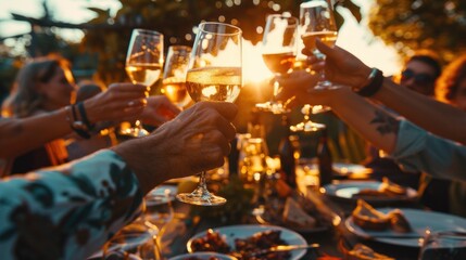 Friends raising glasses in a toast during a sunset meal on a patio.