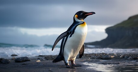 Fototapeta premium Closeup of a cute penguin walking on the beach