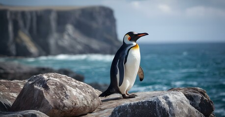 Penguin standing on the rocks by the ocean - Powered by Adobe