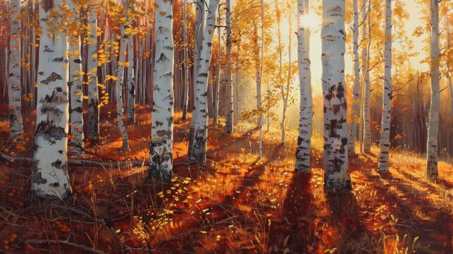 Oil painting of a birch forest at sunset, showcasing warm hues and dappled light.