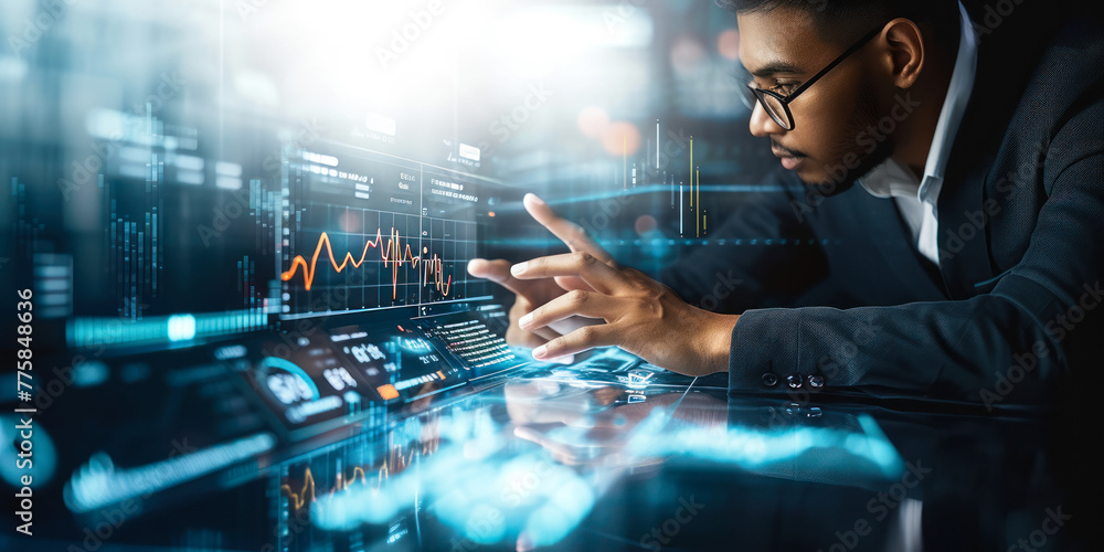 Poster business analyst interacting with futuristic augmented reality financial graphs, analyzing market tr