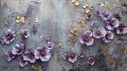 Opulent floral backdrop with violet flowers and golden twigs for a romantic setting.