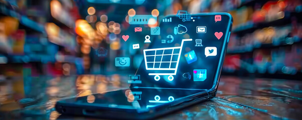 Smartphone with virtual shopping cart and social media icons floating above screen, representing online shopping and digital consumer engagement