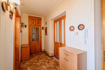 standard room interior apartment. room doors, renovation corridor lobby entrance hall