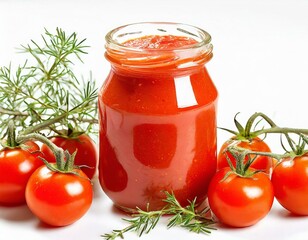 Przecier pomidorowy w słoiku otoczony pomidorami na białym tle