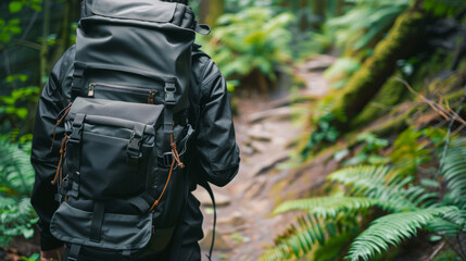 A focused view on an explorer with a black tactical backpack walking on a forest trail represents the spirit of outdoor discovery - obrazy, fototapety, plakaty