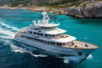 aerial view of a luxury yacht gracefully cruising the clear blue waters, an unparalleled experience...