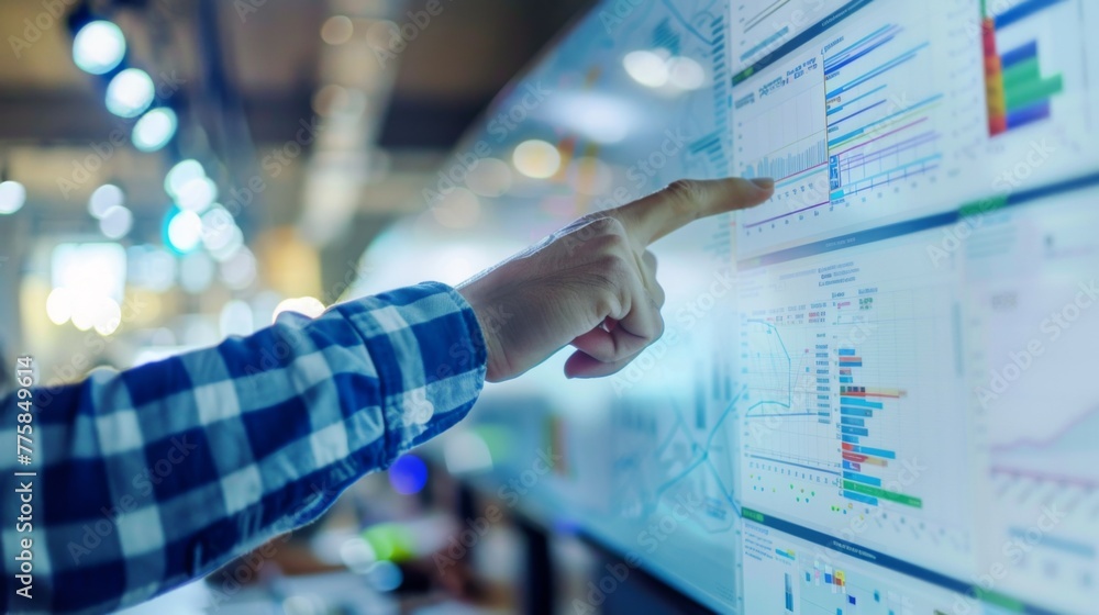 Poster person pointing at whiteboard with graphs