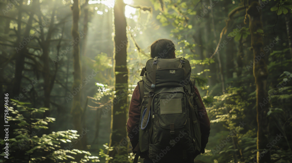 Poster a hiker carrying a large backpack is highlighted by soft light in a mystical and atmospheric forest 