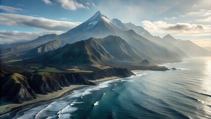 aerial view of beautiful rugged coastline with green mountains meeting blue ocean with white waves crashing on the shore - Powered by Adobe