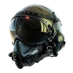 Green and black aviator helmet fighter jet isolated on a clipped PNG transparent background
